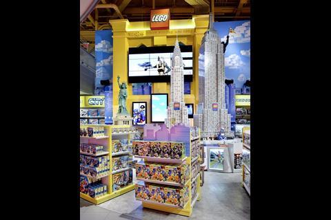 The Toys R Us store features giant lego installations such as this one of the Empire State building